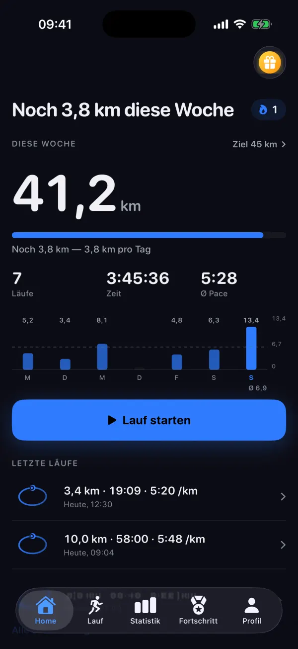 Start-Bildschirm von RunArc: 41,2 km diese Woche, Wochenziel, Balken je Tag und Knopf „Lauf starten“