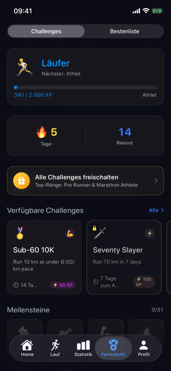 Fortschritt mit Rang „Läufer“, XP-Balken, Serie und verfügbaren Challenges