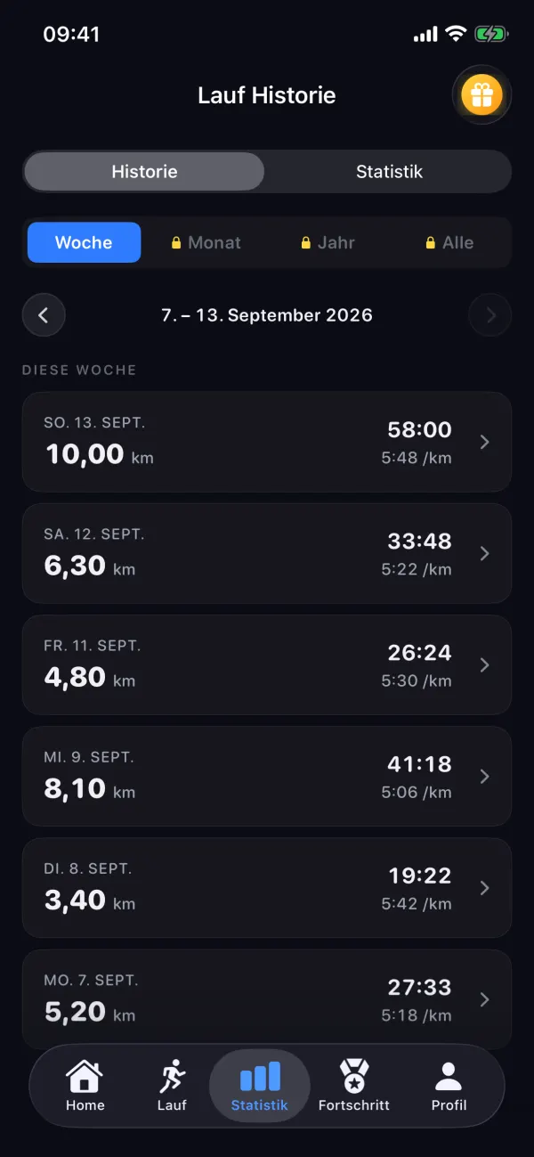 Laufhistorie einer Woche mit Distanz, Zeit und Pace je Lauf