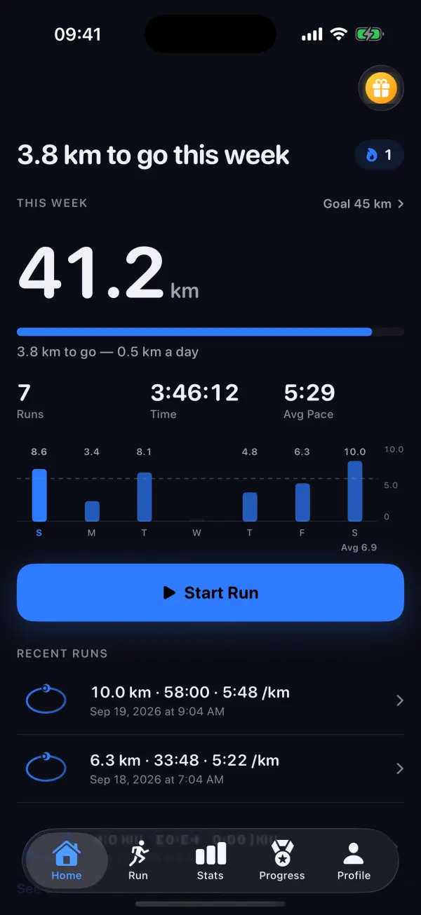 RunArc home screen: 41.2 km this week, weekly goal, bars for each day and a “Start run” button