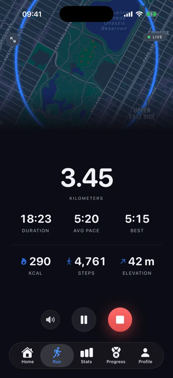 Run in progress with map, 3.45 km, duration, average pace, calories, steps and elevation