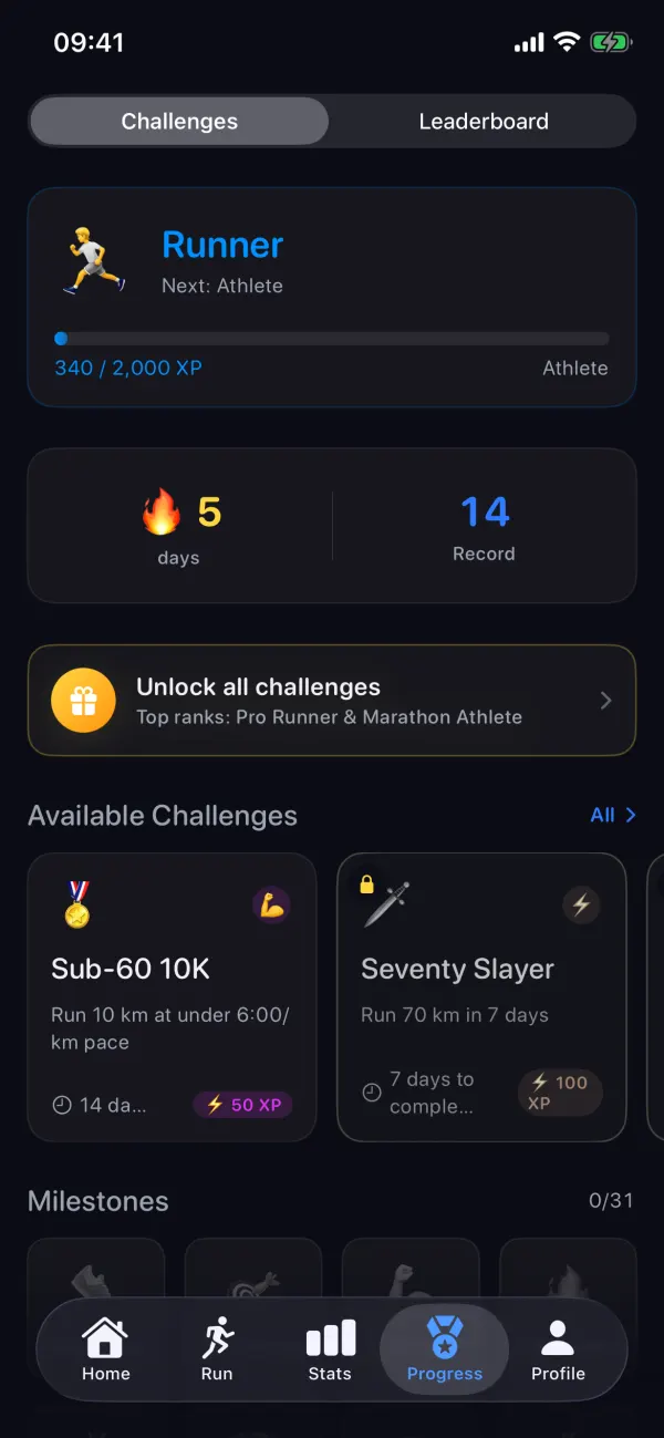 Progress screen with the rank “Runner”, XP bar, streak and available challenges