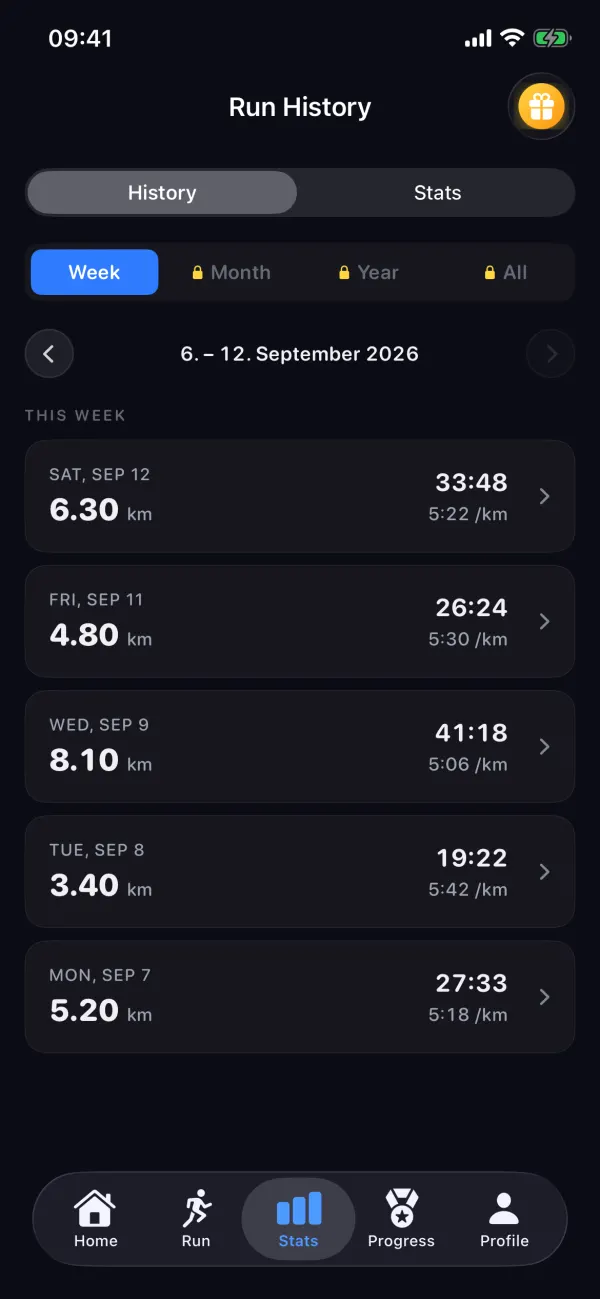 One week of run history with distance, time and pace for each run